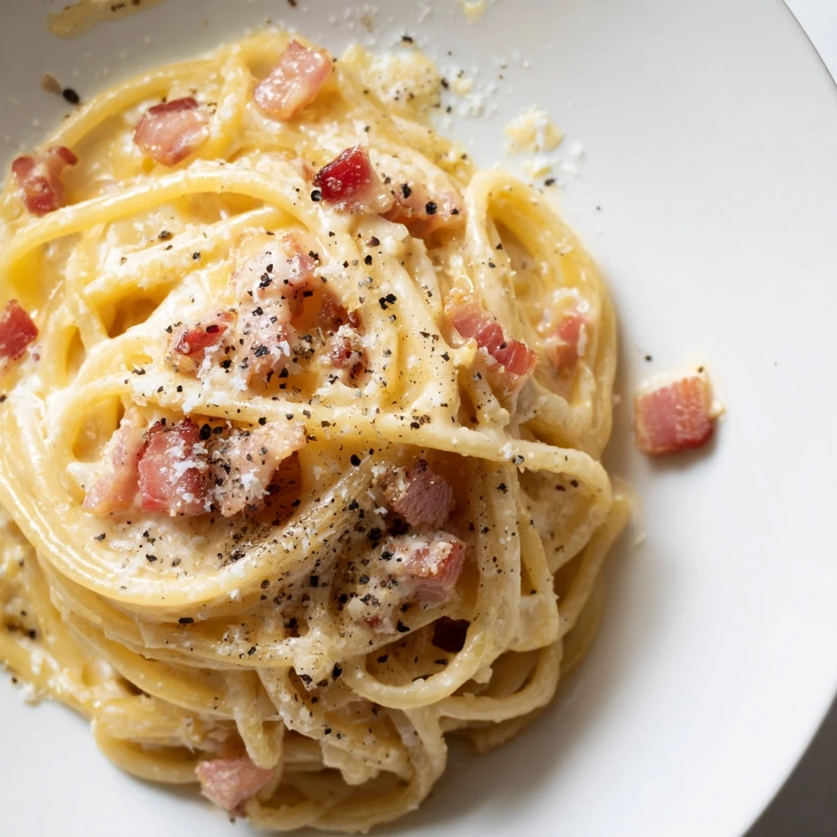 Steaming Express Spaghetti Carbonara piled high, with golden bacon bits and grated Parmesan ready.