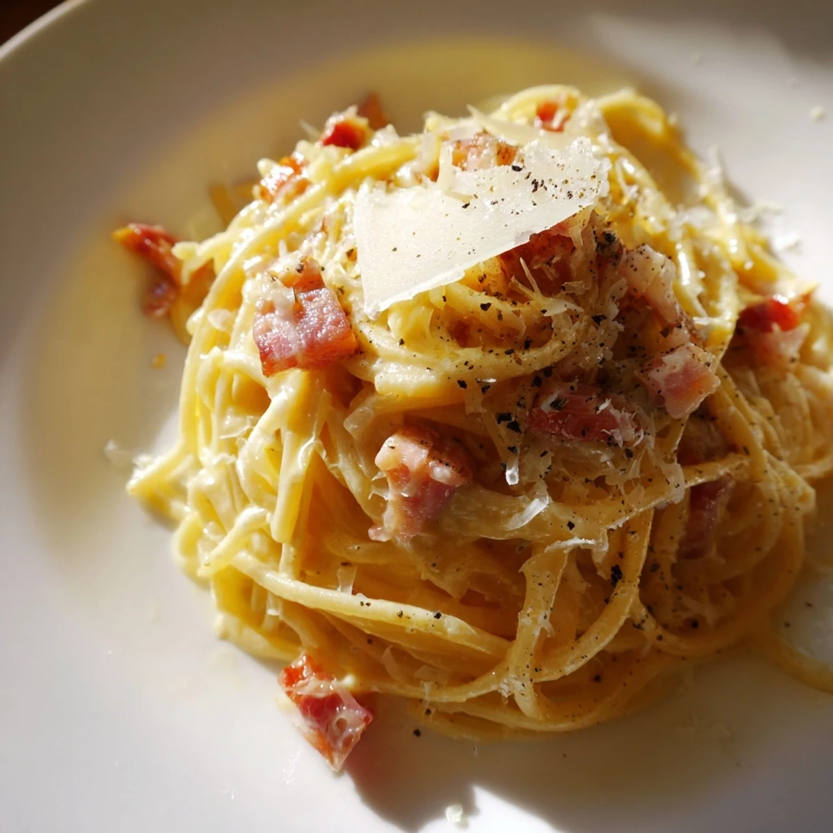 A close-up of creamy Express Spaghetti Carbonara, with the rich egg sauce coating each strand perfectly.