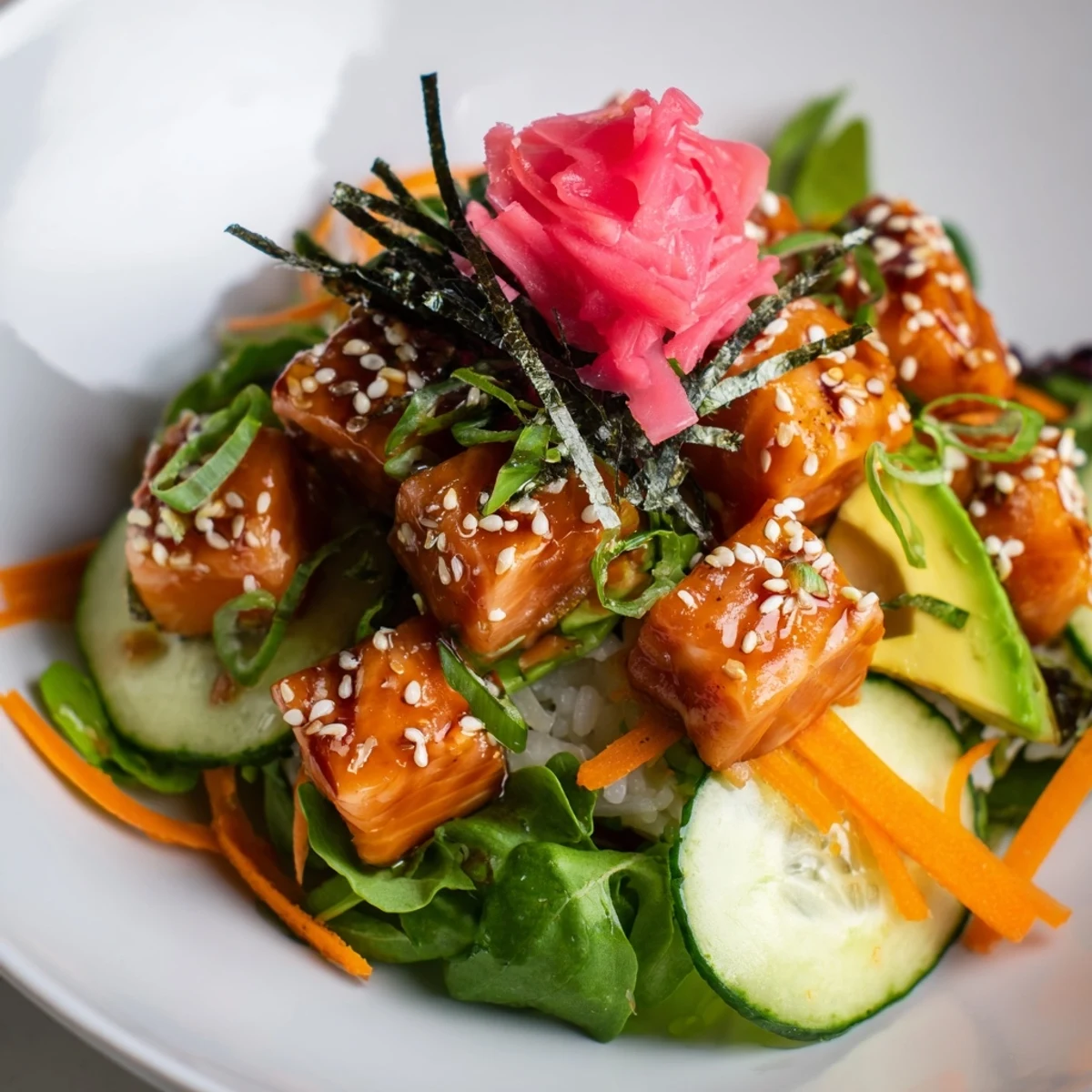 Fresh, colorful poke bowl salad with marinated fish, vibrant greens, and creamy avocado.