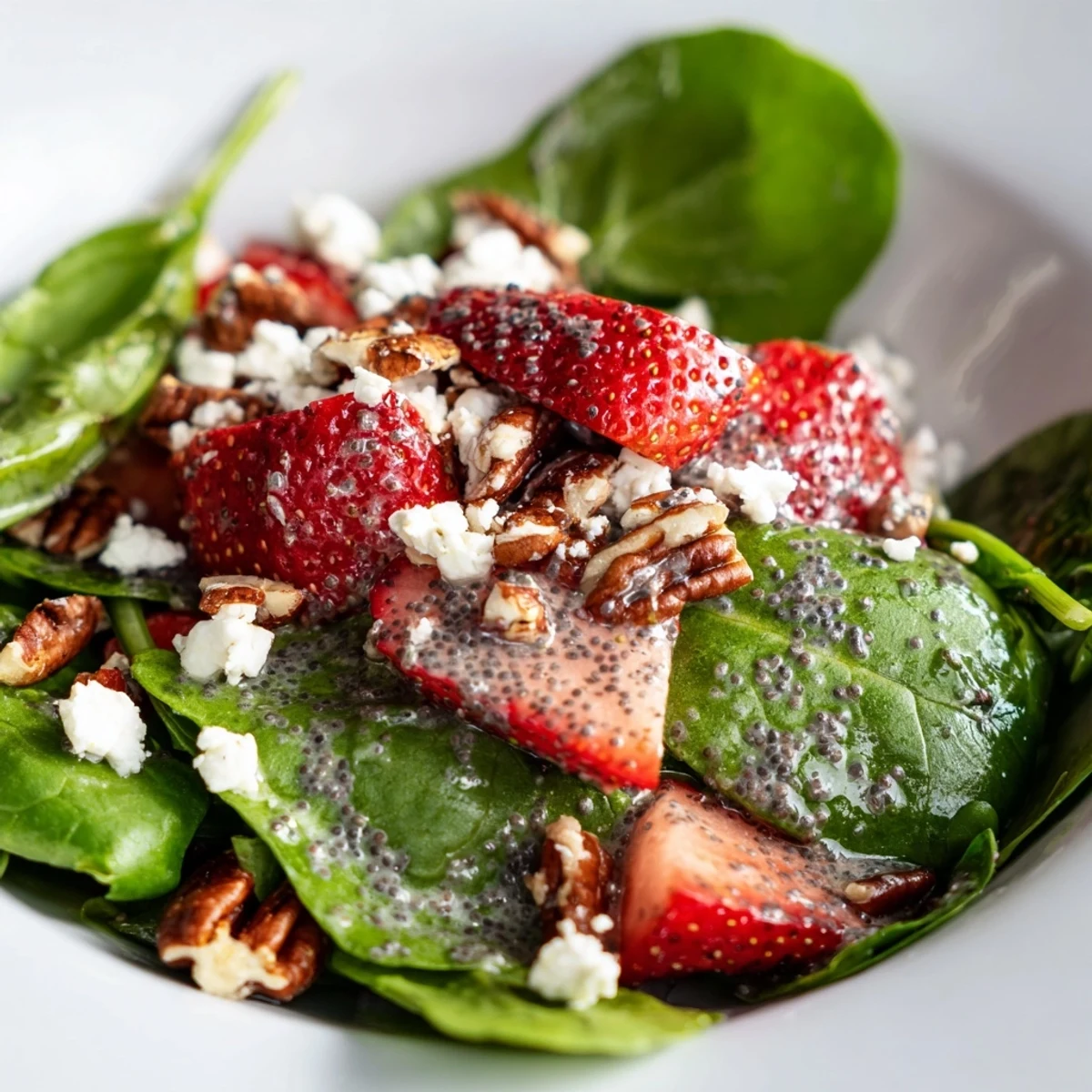 Beautifully plated spinach strawberry salad with feta and a sweet poppy seed dressing, ready to enjoy.