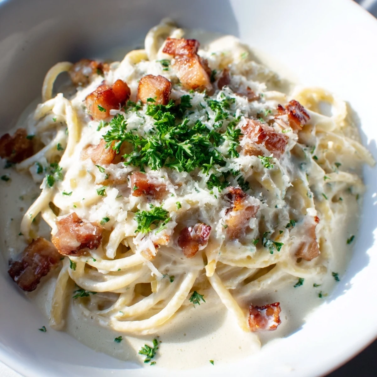 Creamy Garlic Bacon Pasta glistening with a rich cream sauce, ready for a delicious Italian-inspired meal.