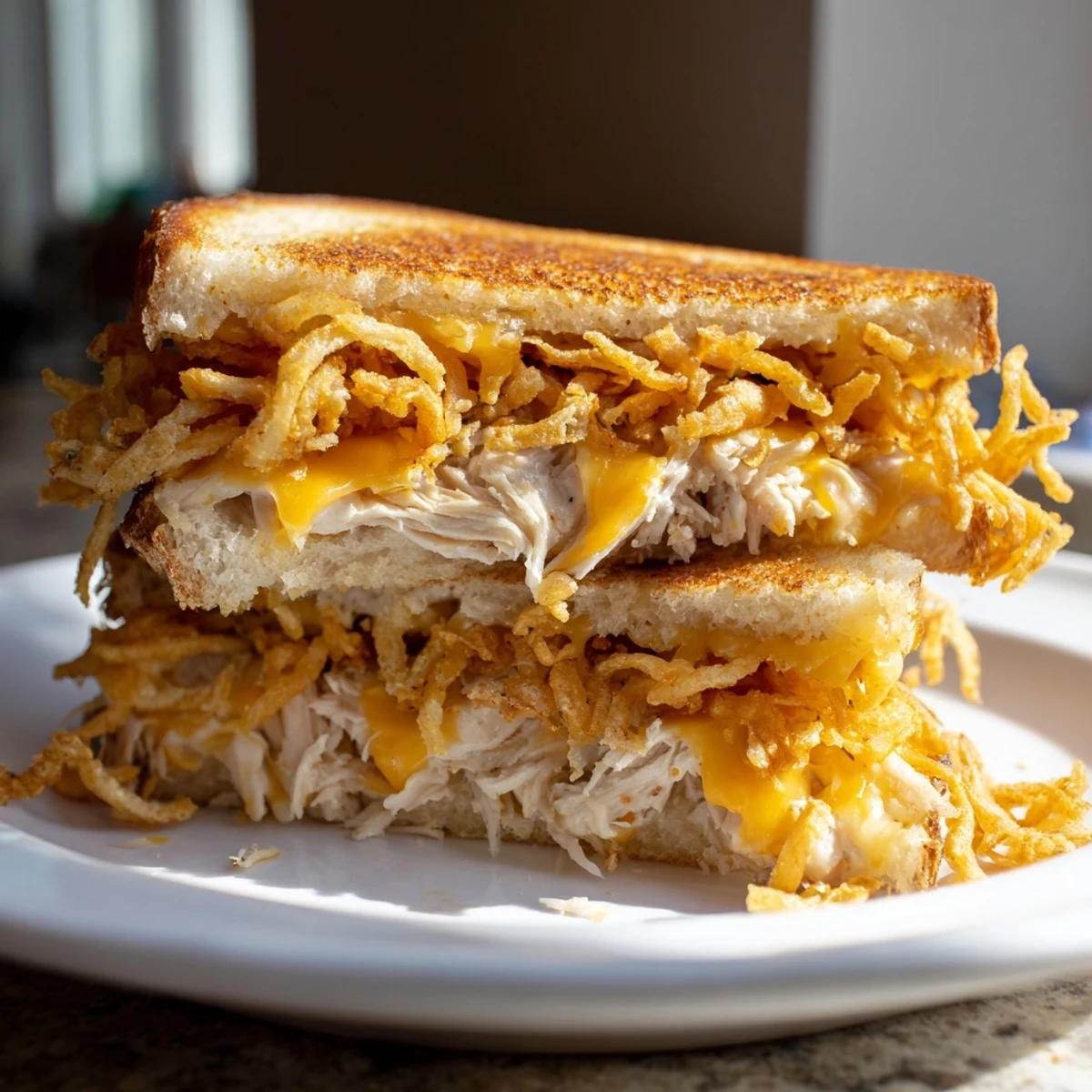 A close-up shot of a perfectly grilled Crispy Shallot Chicken Grilled Cheese, a warm and comforting meal.