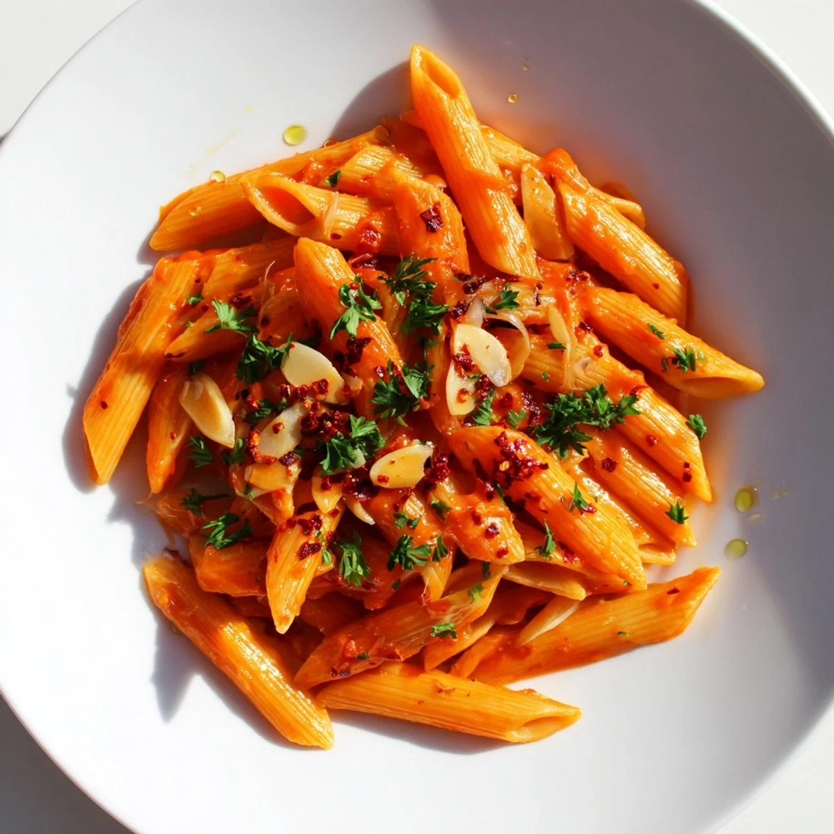 Steaming penne all'arrabbiata with a vibrant red sauce, finished with fresh parsley, ready to eat.
