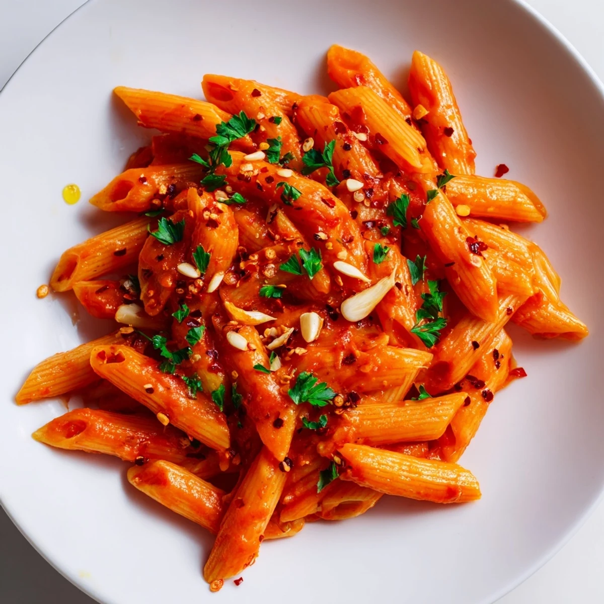Close-up of a bowl of penne all'arrabbiata; the spicy tomato sauce clings perfectly to the pasta.
