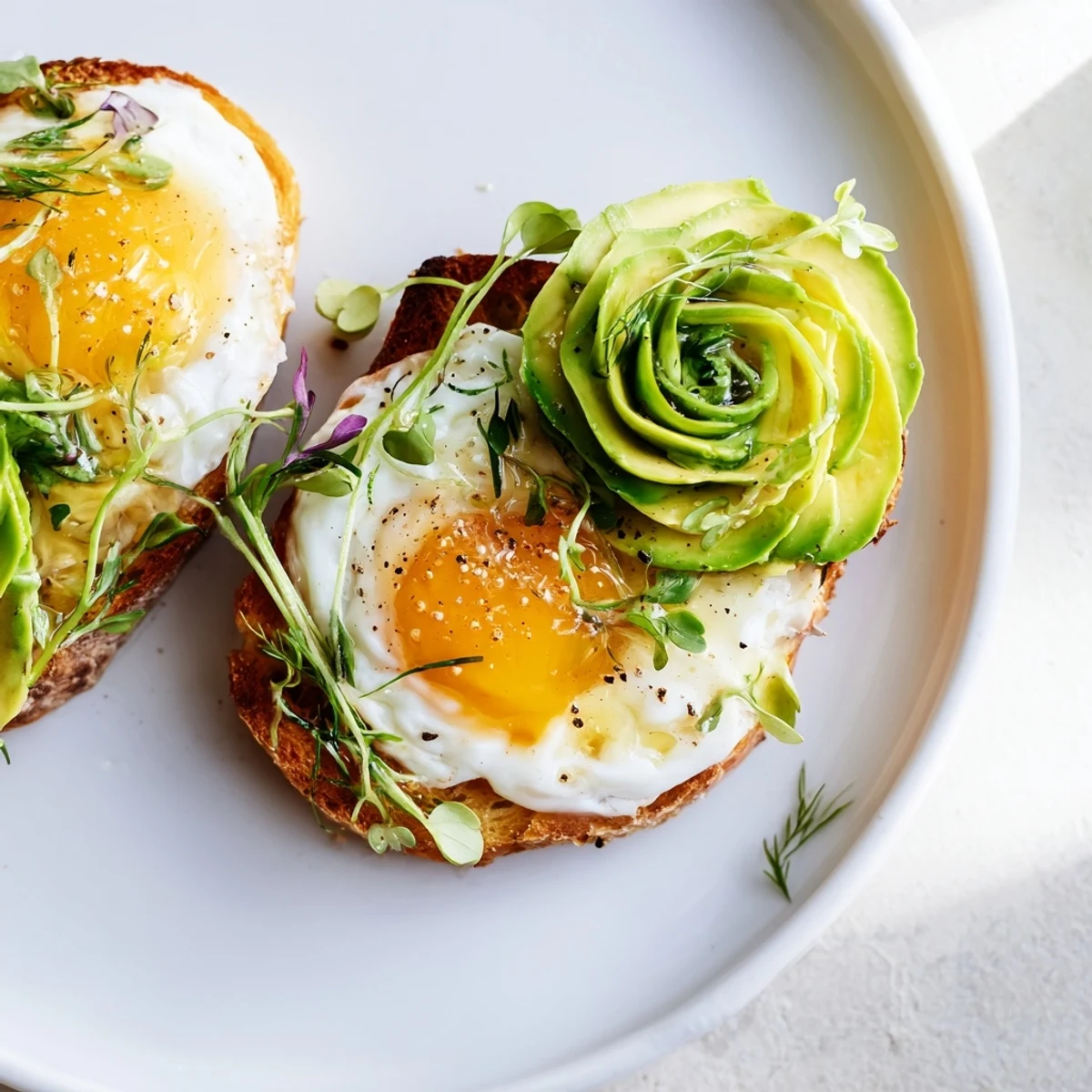Fluffy Cloud Toast 2.0 with golden-baked egg whites and creamy avocado roses, ready to eat.