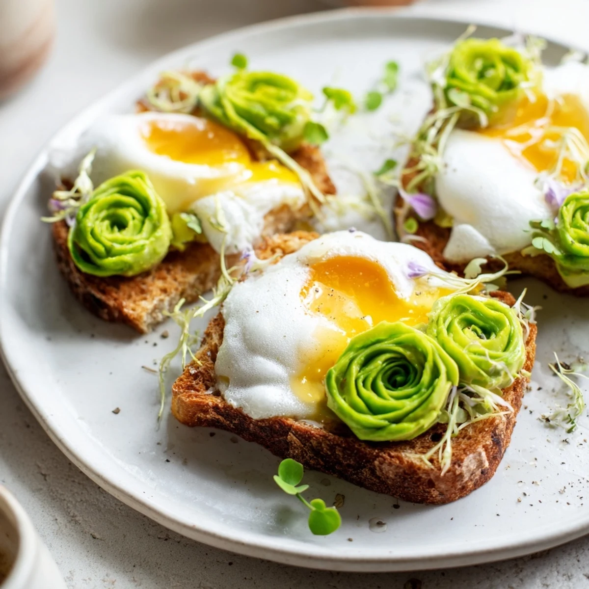 Beautiful plated Cloud Toast 2.0 breakfast with sunny yolks, drizzled honey, and fresh microgreens.