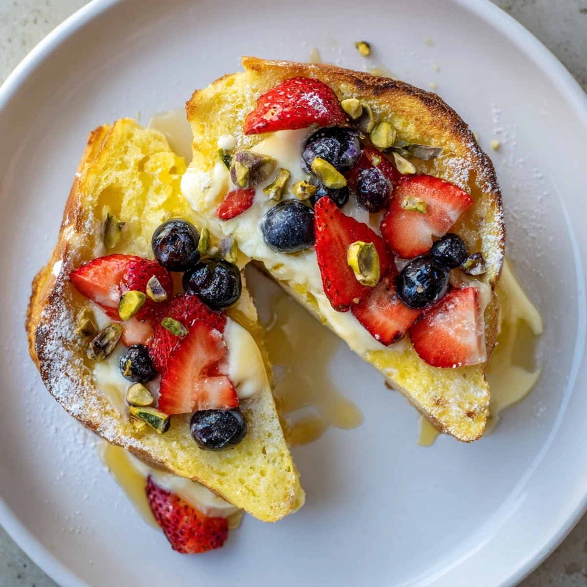 Golden custard toast with fresh berries beautifully arranged on a white plate; a delicious breakfast.