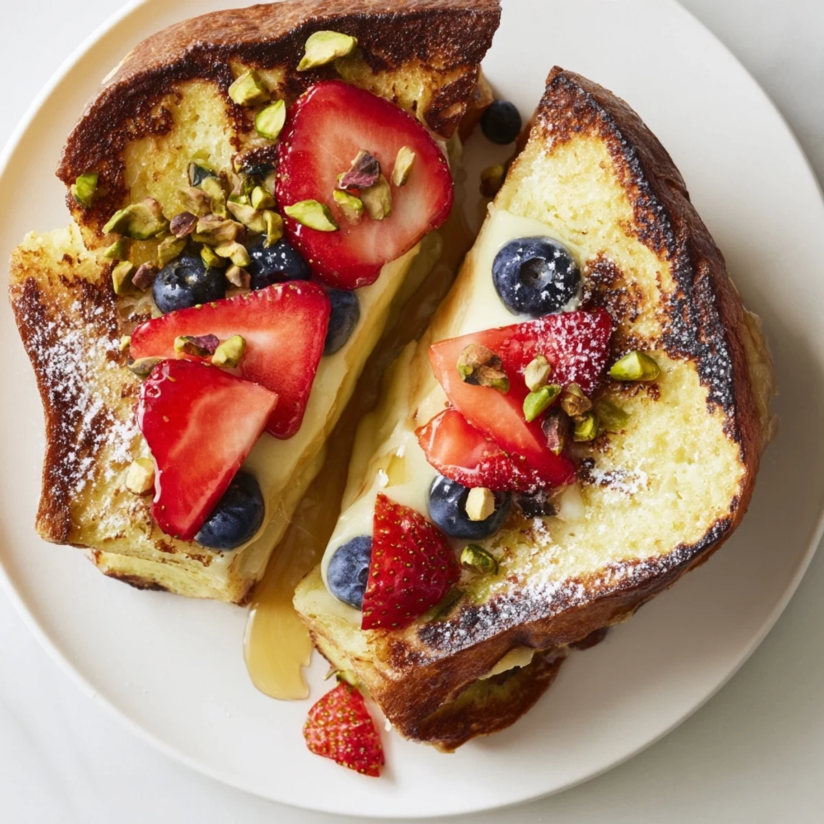 Warm, custard toast with a crisp, golden crust and a soft, yielding custard center, tempting.
