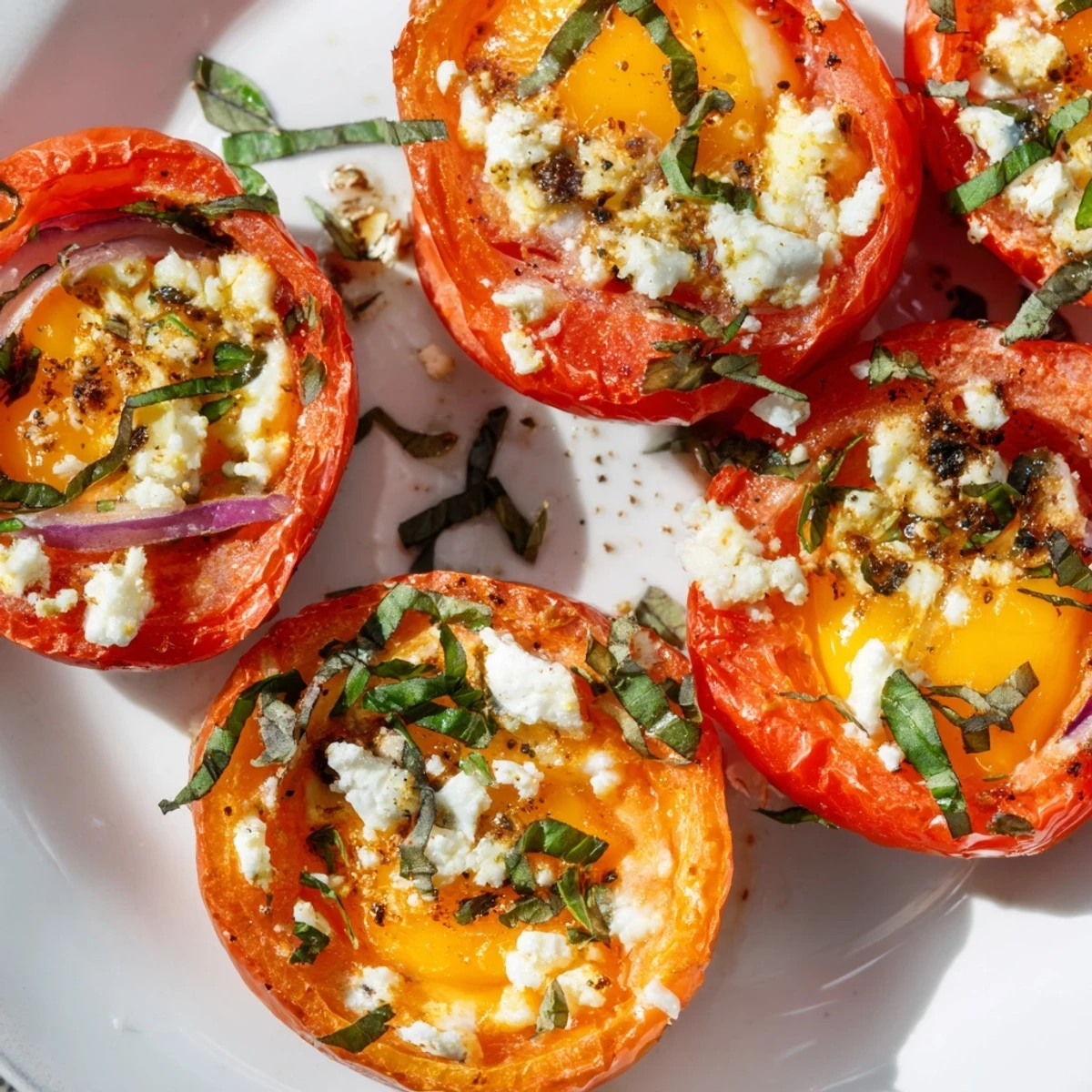 Sheet pan Tomato Feta Baked Eggs, boasting vibrant tomatoes, creamy feta, ready for a delicious brunch.