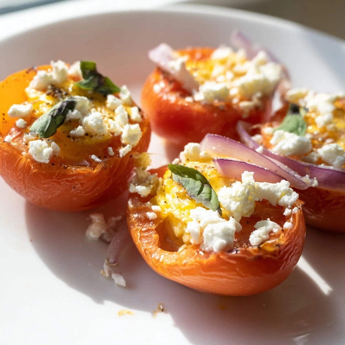 Golden baked eggs nestled among roasted tomatoes and feta, inviting you to enjoy this Tomato Feta Baked Eggs recipe.