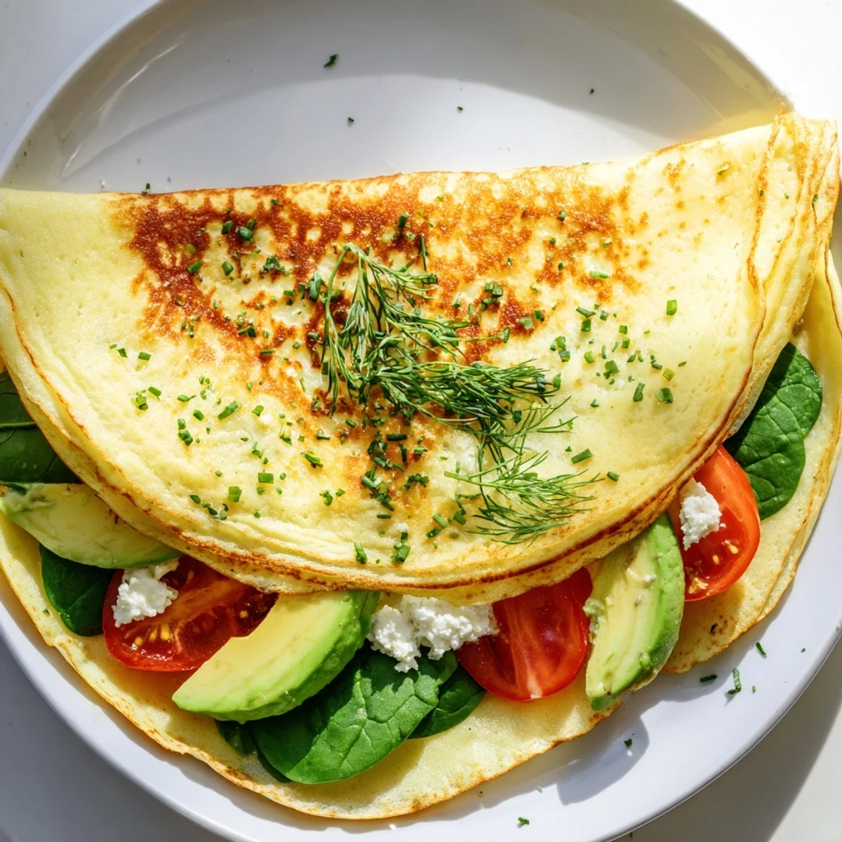 Enjoy a delicious Blender-Egg Crepe Wrap, lightly browned and filled with colorful fresh tomato and avocado.