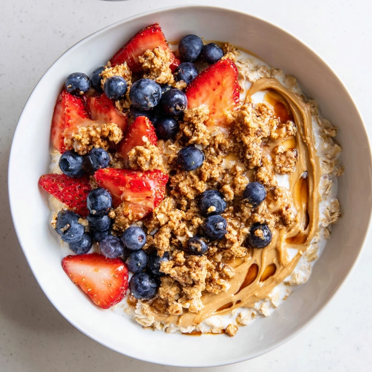 This picture reveals a layered Overnight Oats Gourmet Makeover, an attractive breakfast ready to eat.