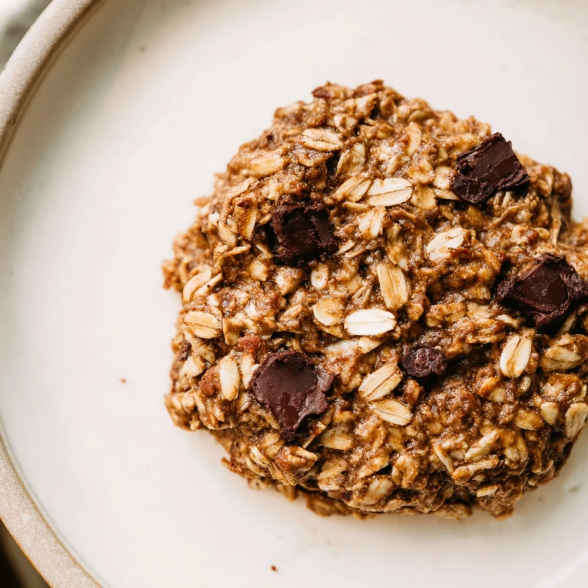 A plate of freshly baked chocolate oatmeal breakfast cookies, featuring a tender, soft, cake-like texture.