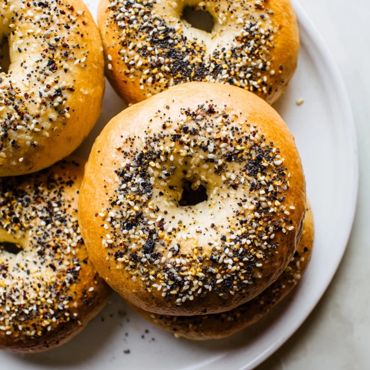 Golden-brown everything bagel yogurt bagels, freshly baked and ready to be topped with cream cheese.
