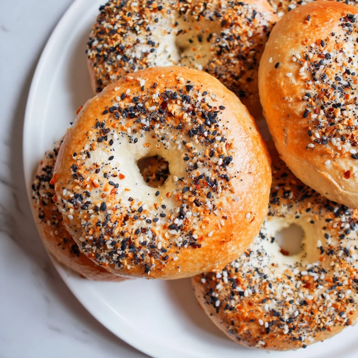 Close-up of fluffy everything bagel yogurt bagels, generously seasoned and perfect for a quick breakfast.