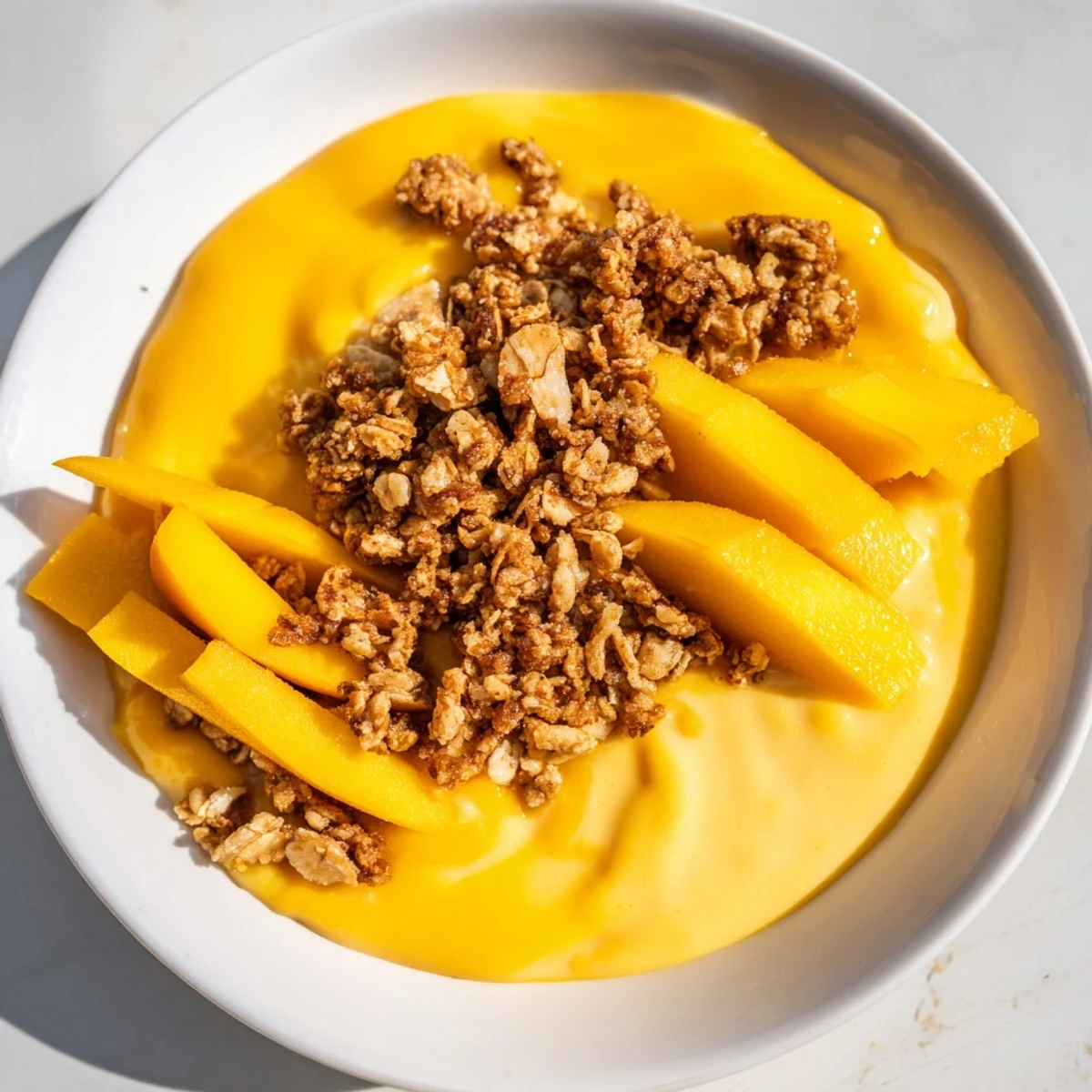 Vibrant image: Creamy mango blended overnight oats, topped beautifully with granola, perfect for a quick breakfast.