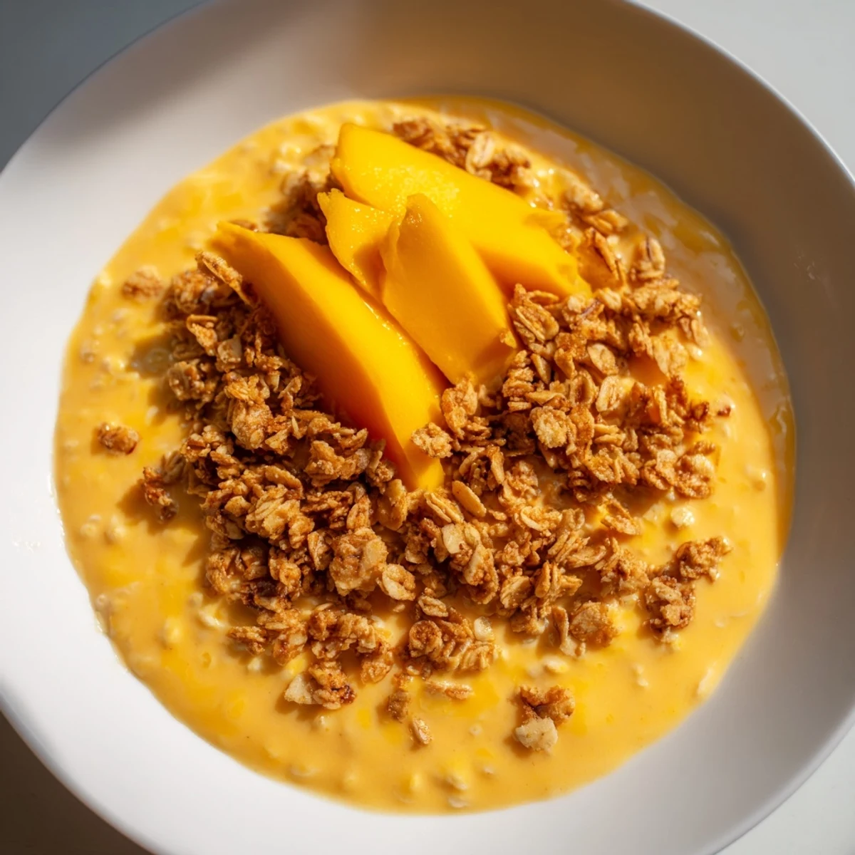 Close-up shot: Colorful mango overnight oats with a crunchy granola topping, a delicious vegetarian breakfast.