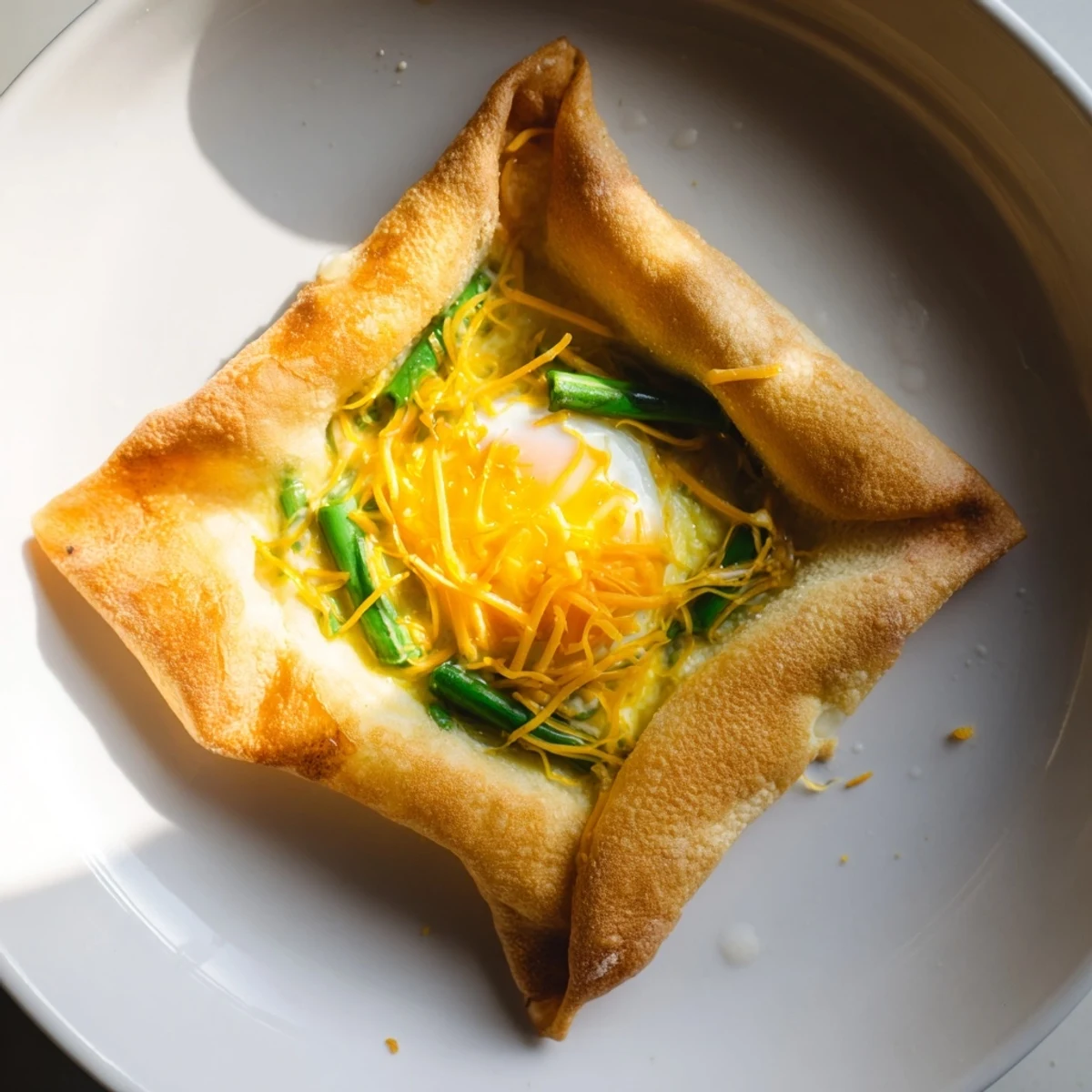 Enjoy a warm and crispy Rice Paper Egg & Cheese Fold, perfect alongside sriracha for spice.