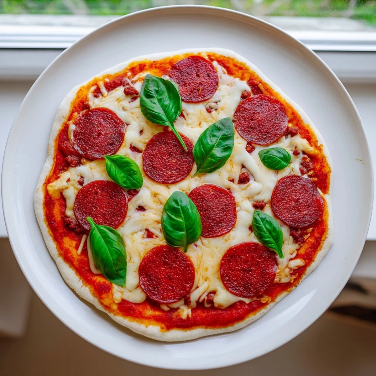 Golden, bubbly Ground Beef Pizza Base, topped with melted mozzarella and savory pepperoni before serving.