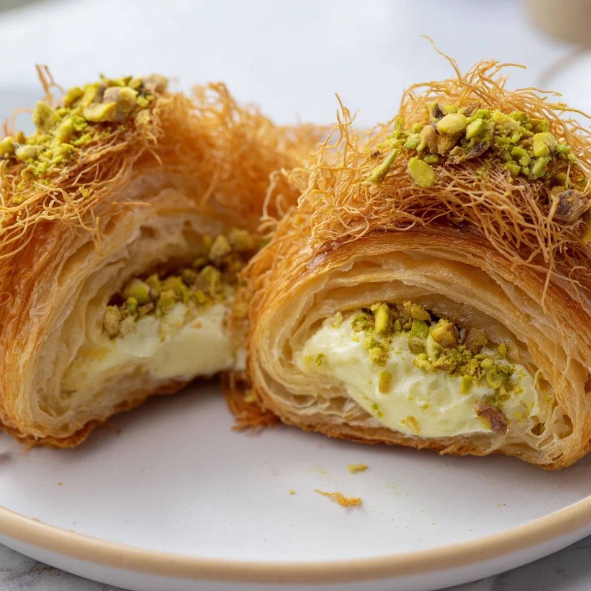 Golden, flaky Pistachio Cream Croissants, with creamy filling visible, topped with toasted, sugar-dusted phyllo.