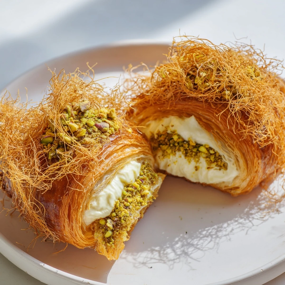 Close-up of baked Pistachio Cream Croissants: a beautiful, buttery pastry bursting with pistachio cream and crunch.