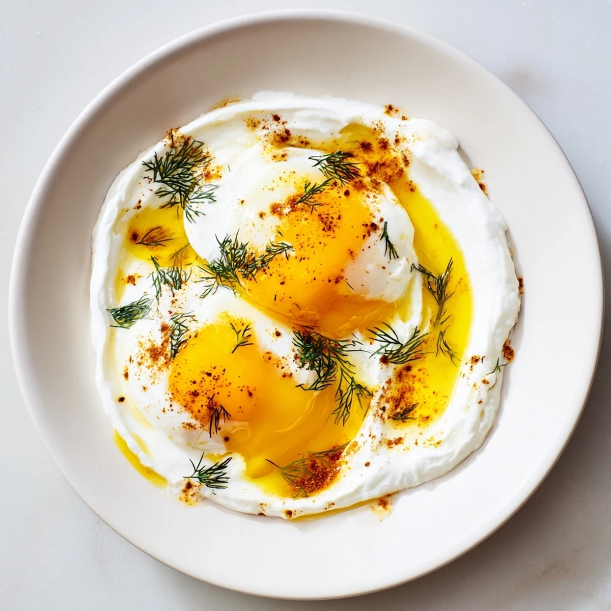 Cilbir: Creamy yogurt base topped with perfectly poached eggs and savory spiced brown butter, ready to eat.
