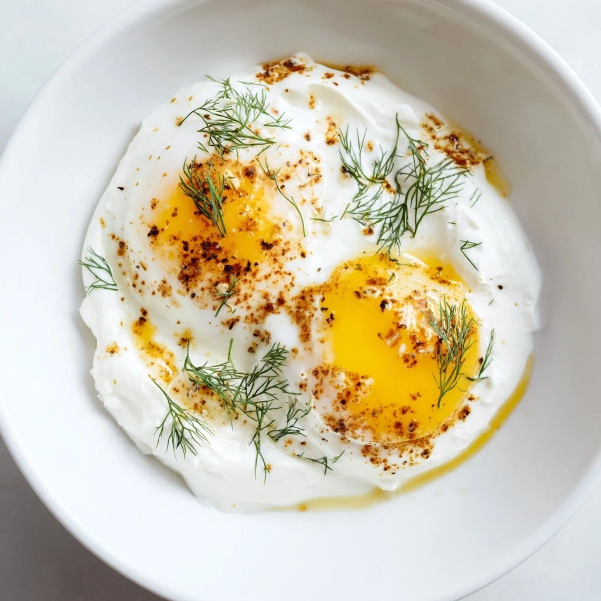 Golden-browned butter drizzled over beautifully poached eggs: a delicious Cilbir breakfast ready to enjoy.