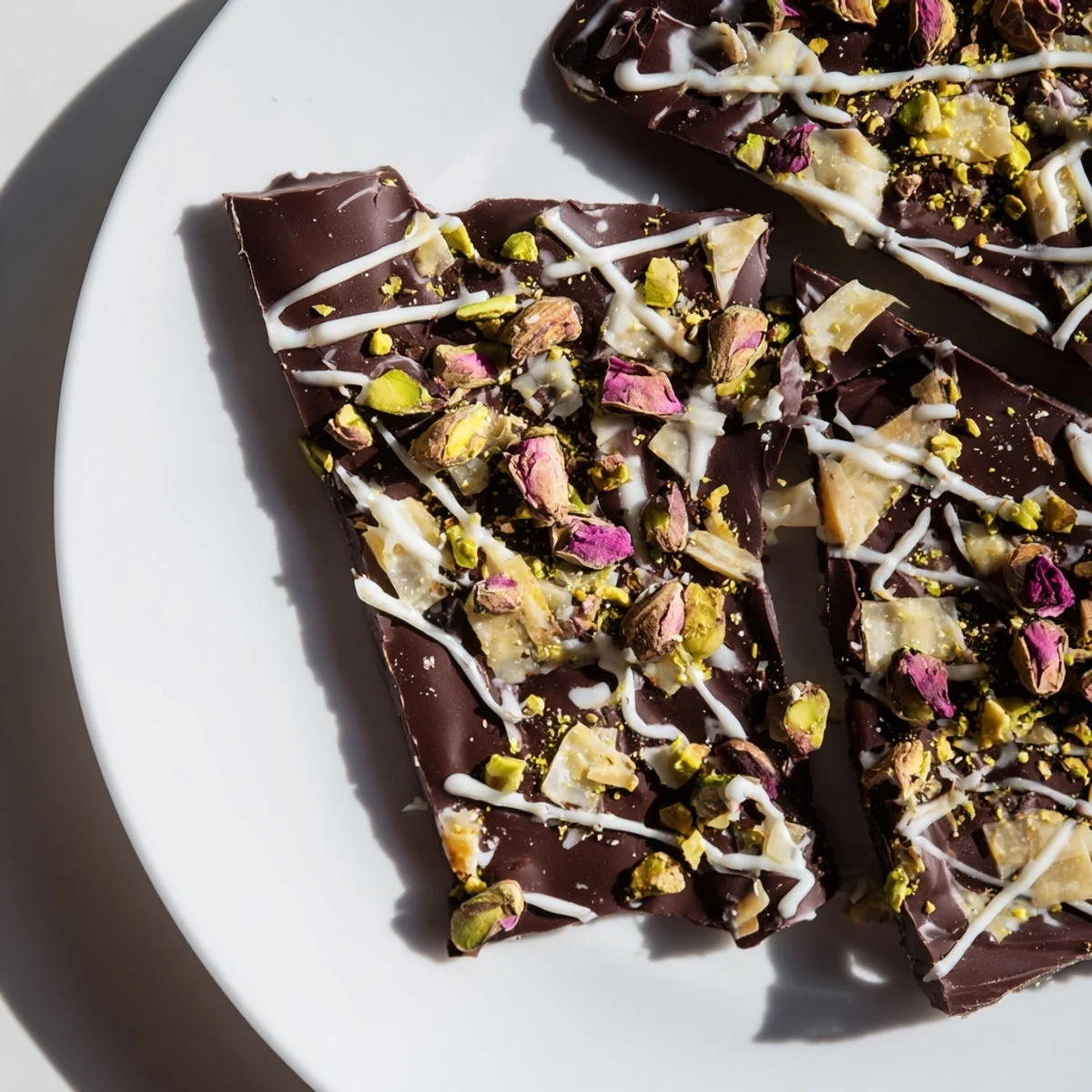 A beautiful close-up of Pistachio Dubai Chocolate Bark, a stunning homemade dessert studded with nuts.