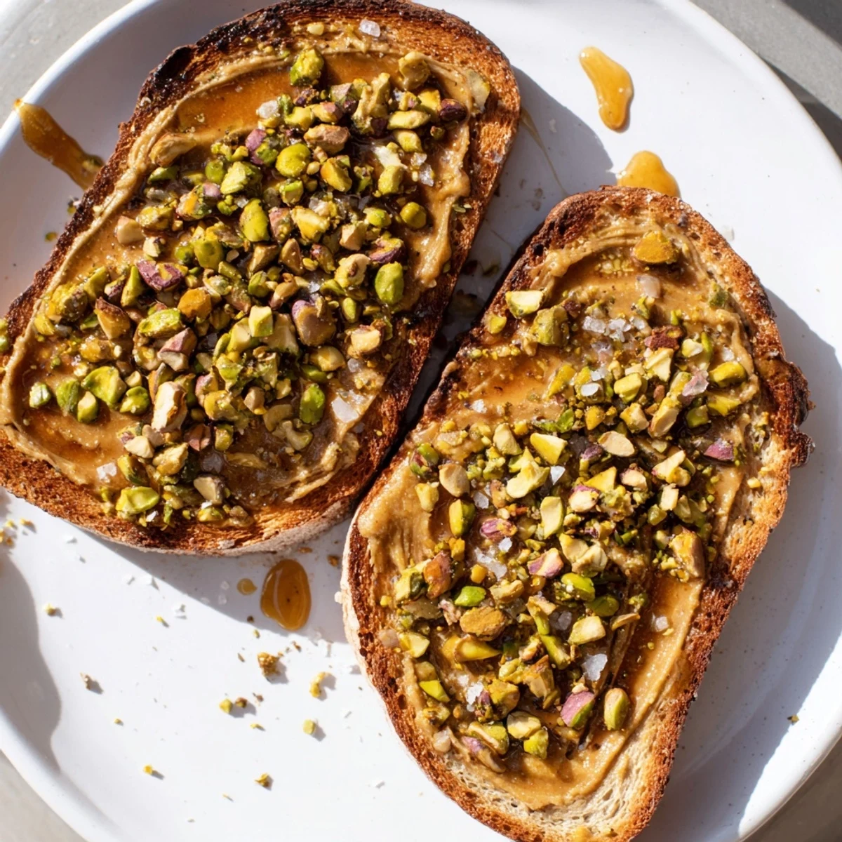 Golden, toasted bread topped with rich pistachio butter, drizzled honey, a delicious Pistachio Butter Toast.