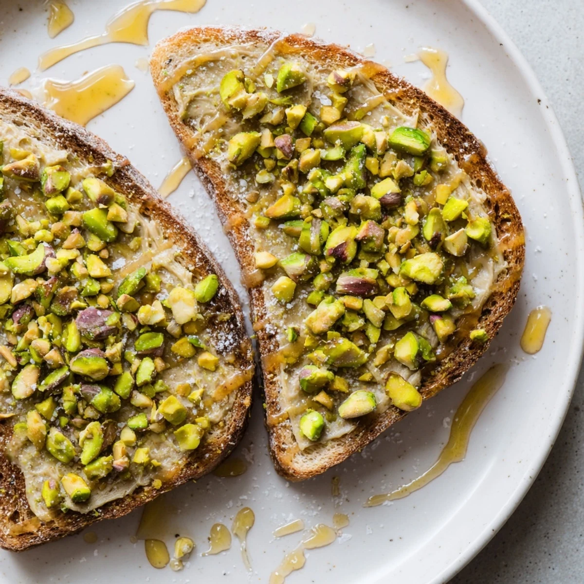 The sweet honey and crushed pistachios create an irresistible topping for this quick Pistachio Butter Toast.