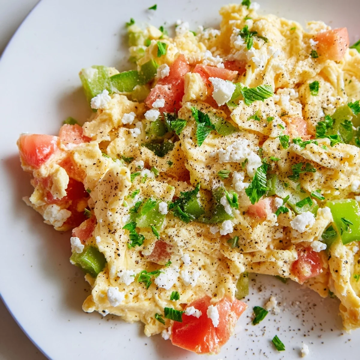 Warm, comforting serving of Turkish Menemen: a vegetarian breakfast with juicy tomatoes, perfect with crusty bread for dipping.