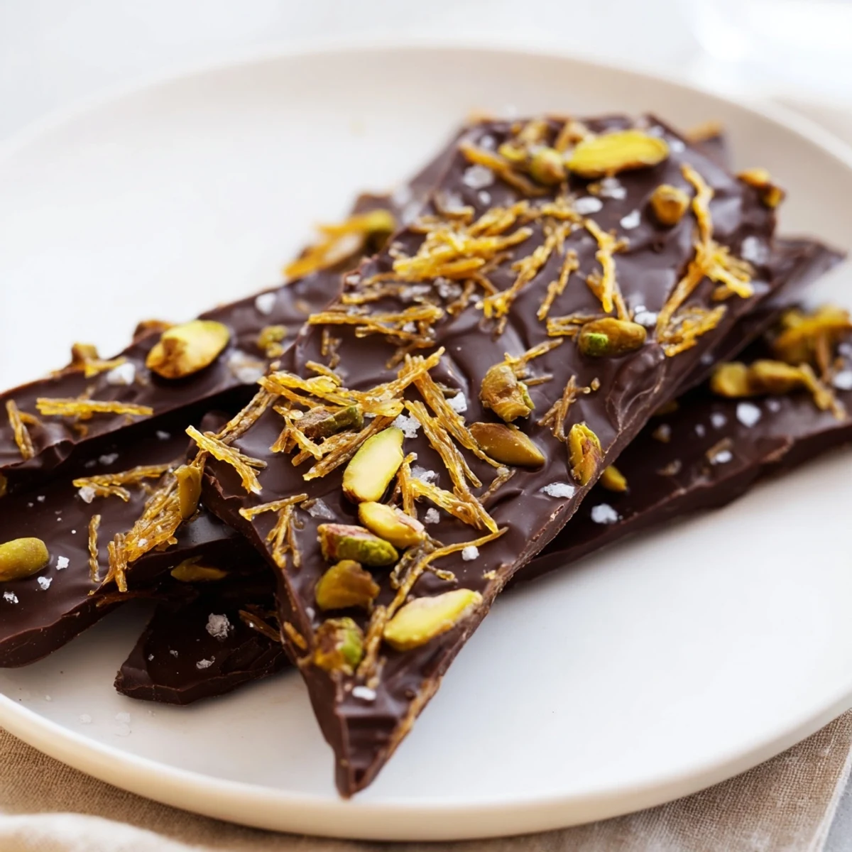 Golden kataifi chocolate crunch bark, a sweet dessert layered with crunchy pistachios and dark chocolate.