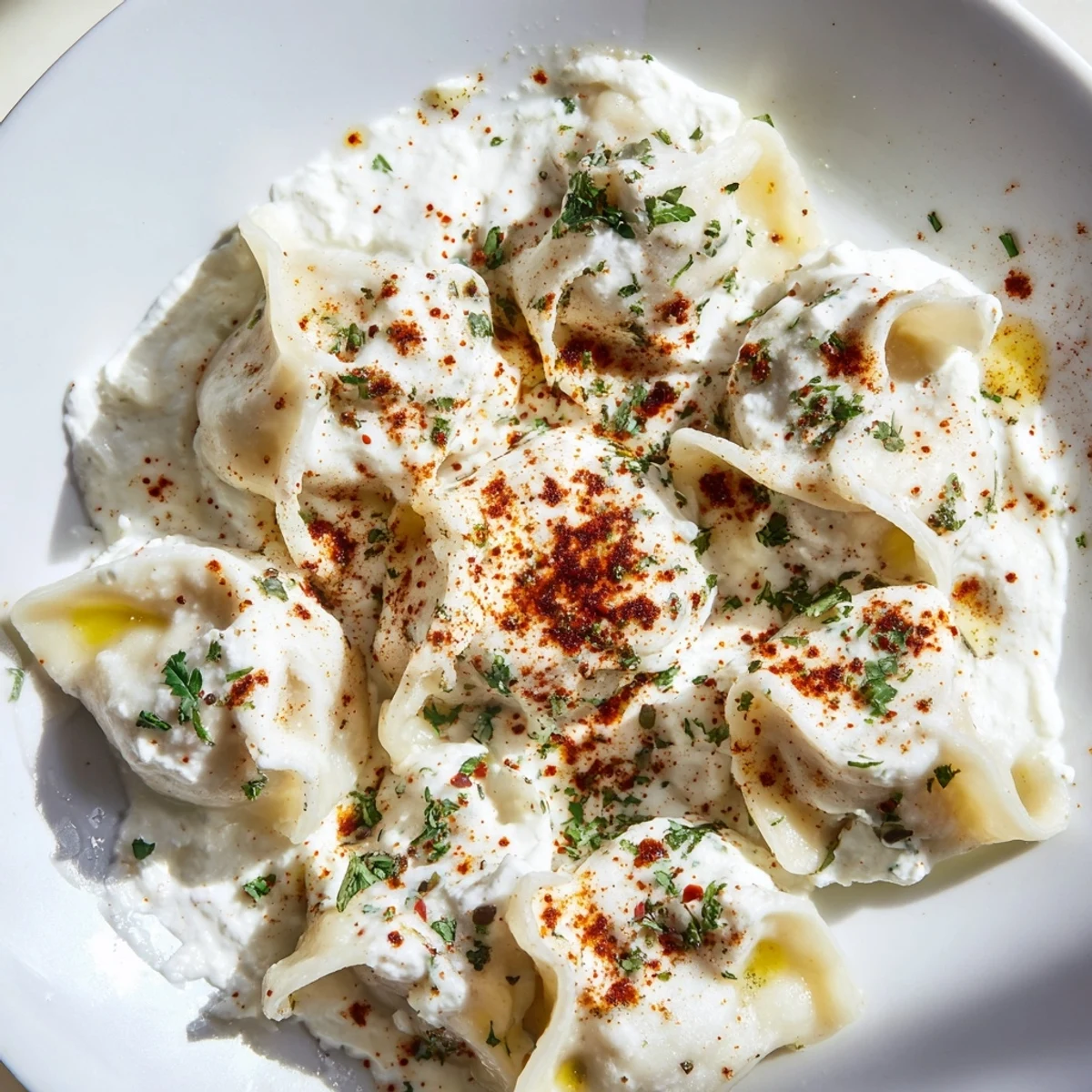 Steaming Turkish Cheesy Manti, topped with vibrant paprika butter and creamy yogurt, ready to serve.