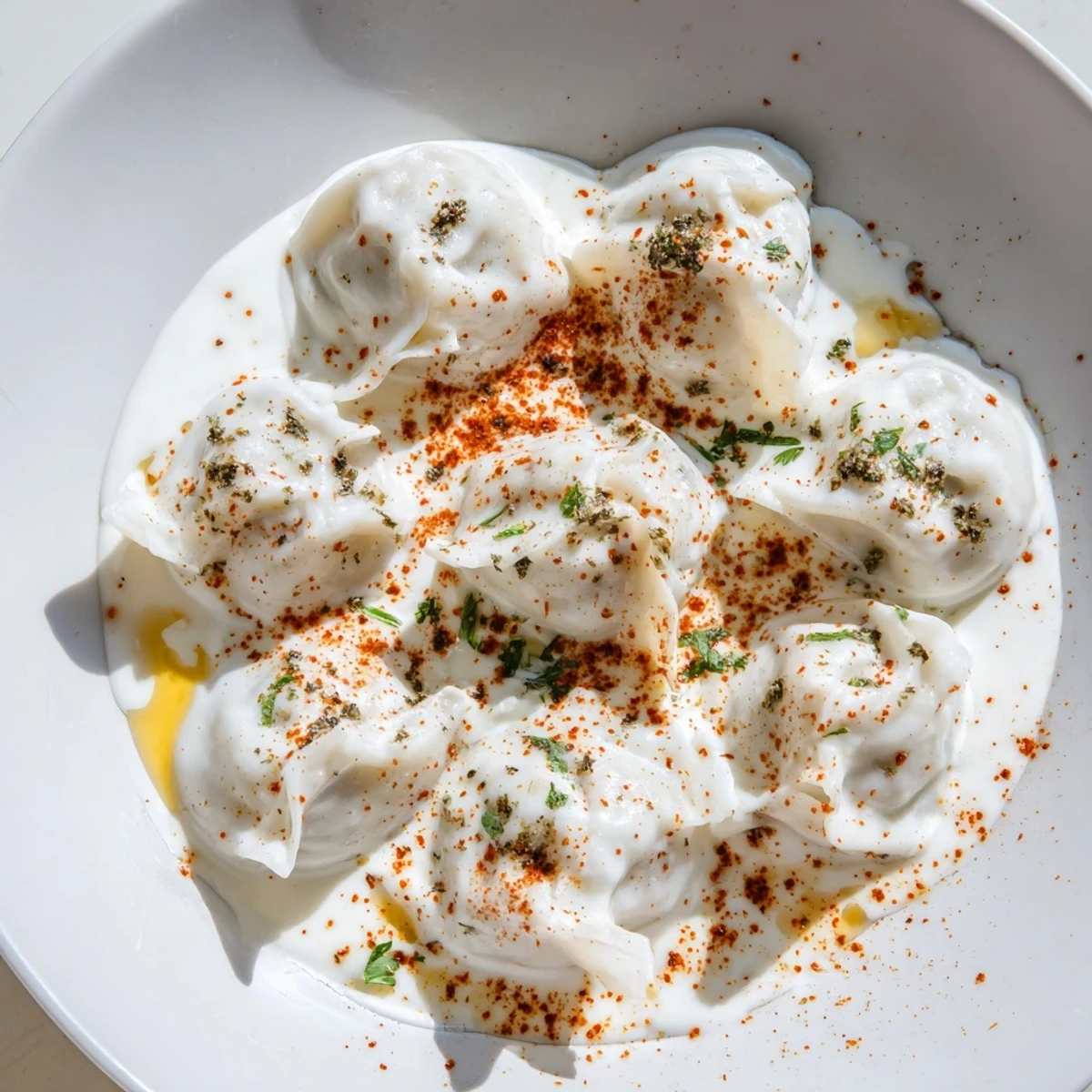 A close-up of golden-brown Turkish Cheesy Manti, swimming in a rich yogurt sauce with spiced butter.