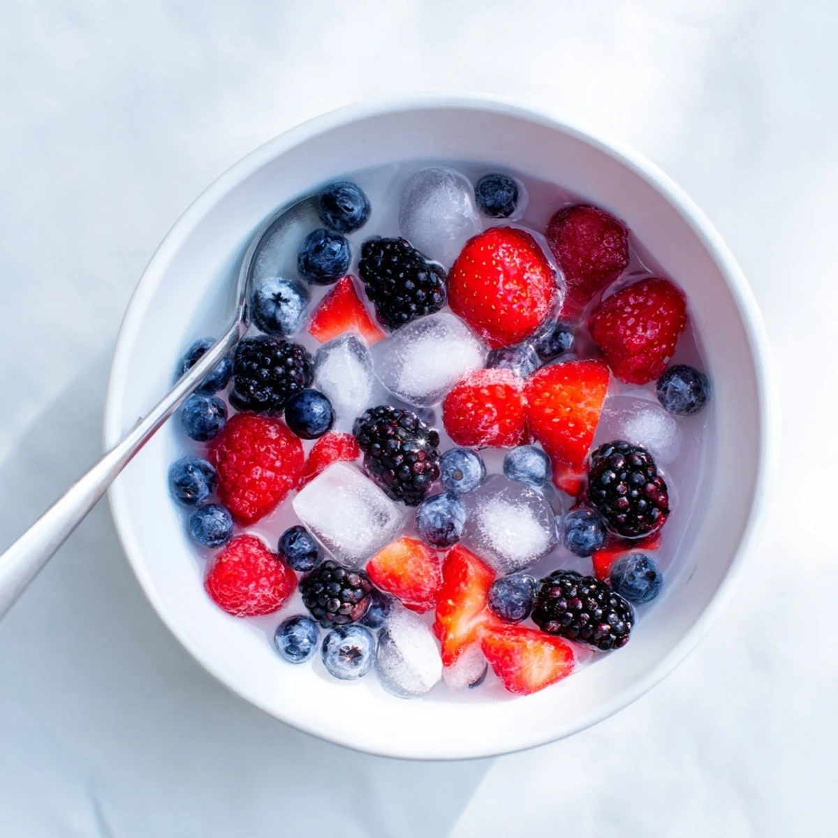 A close-up of Natures Cereal Bowl with blueberries, raspberries, and coconut water over ice.  