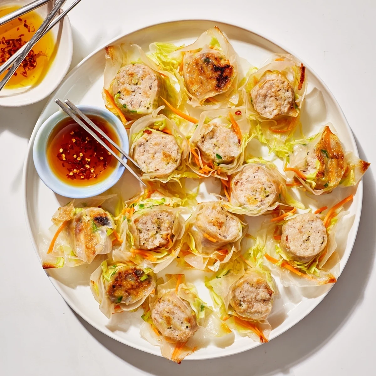 Freshly pan-fried Crispy Rice Paper Dumplings with a side of sliced scallions and chili flakes for garnish.