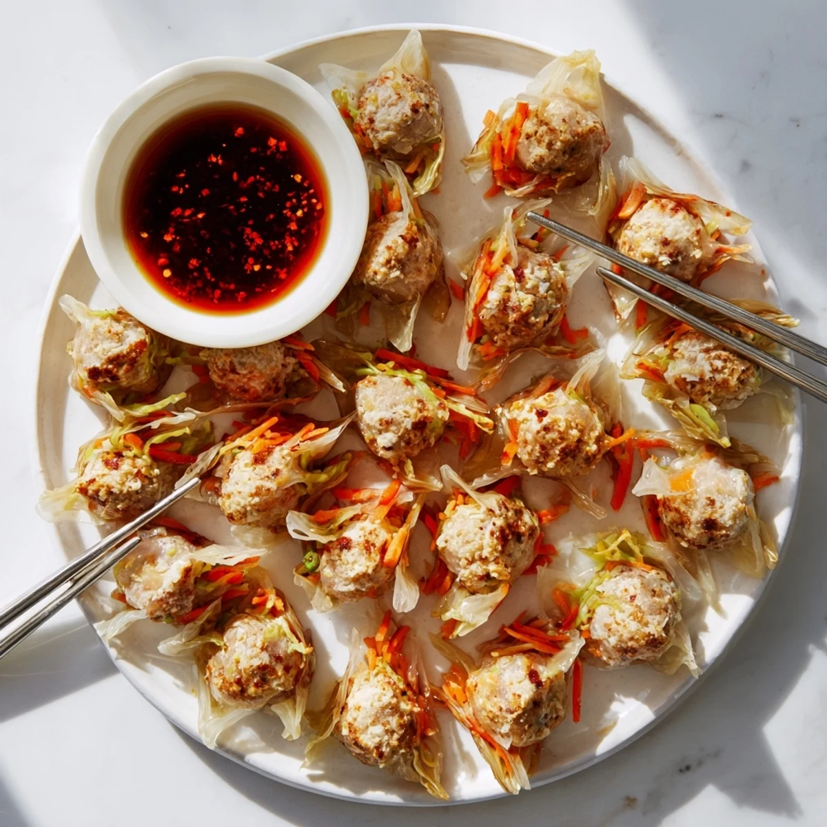 Golden-brown Crispy Rice Paper Dumplings arranged on a plate beside a small bowl of tangy dipping sauce.