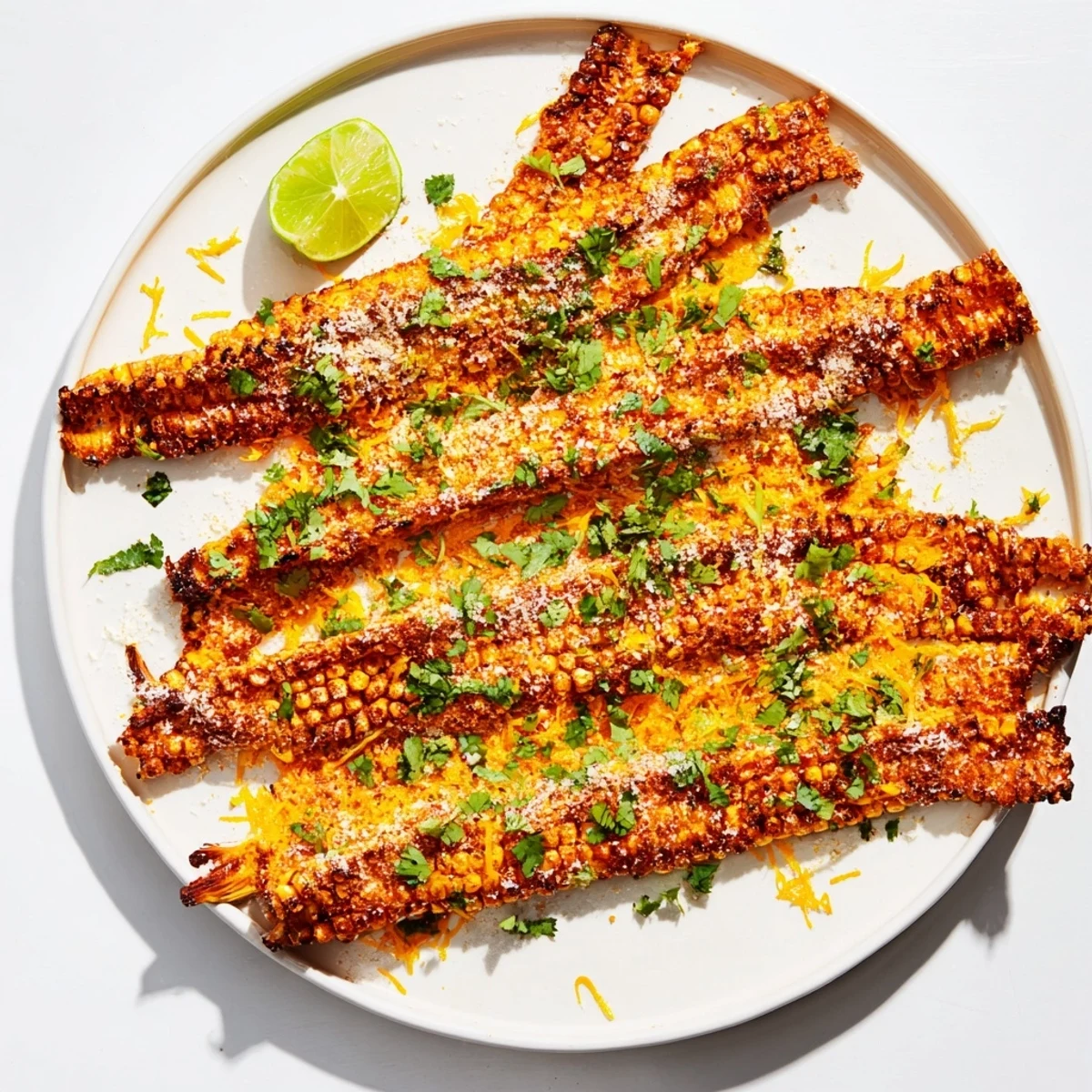 Golden roasted Cheesy Corn Ribs with melted cheddar and a sprinkle of fresh cilantro, served with lime wedges on a rustic platter.  