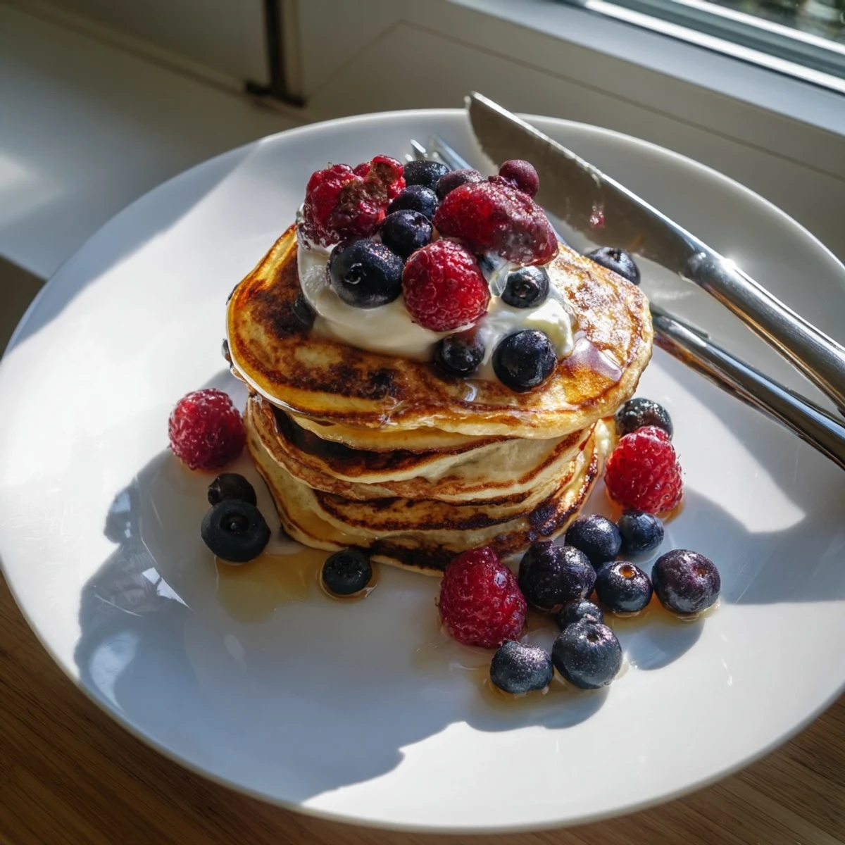 Golden-brown Cottage Cheese Pancakes stack high on a plate, their fluffy texture visible under a drizzle of warm maple syrup.