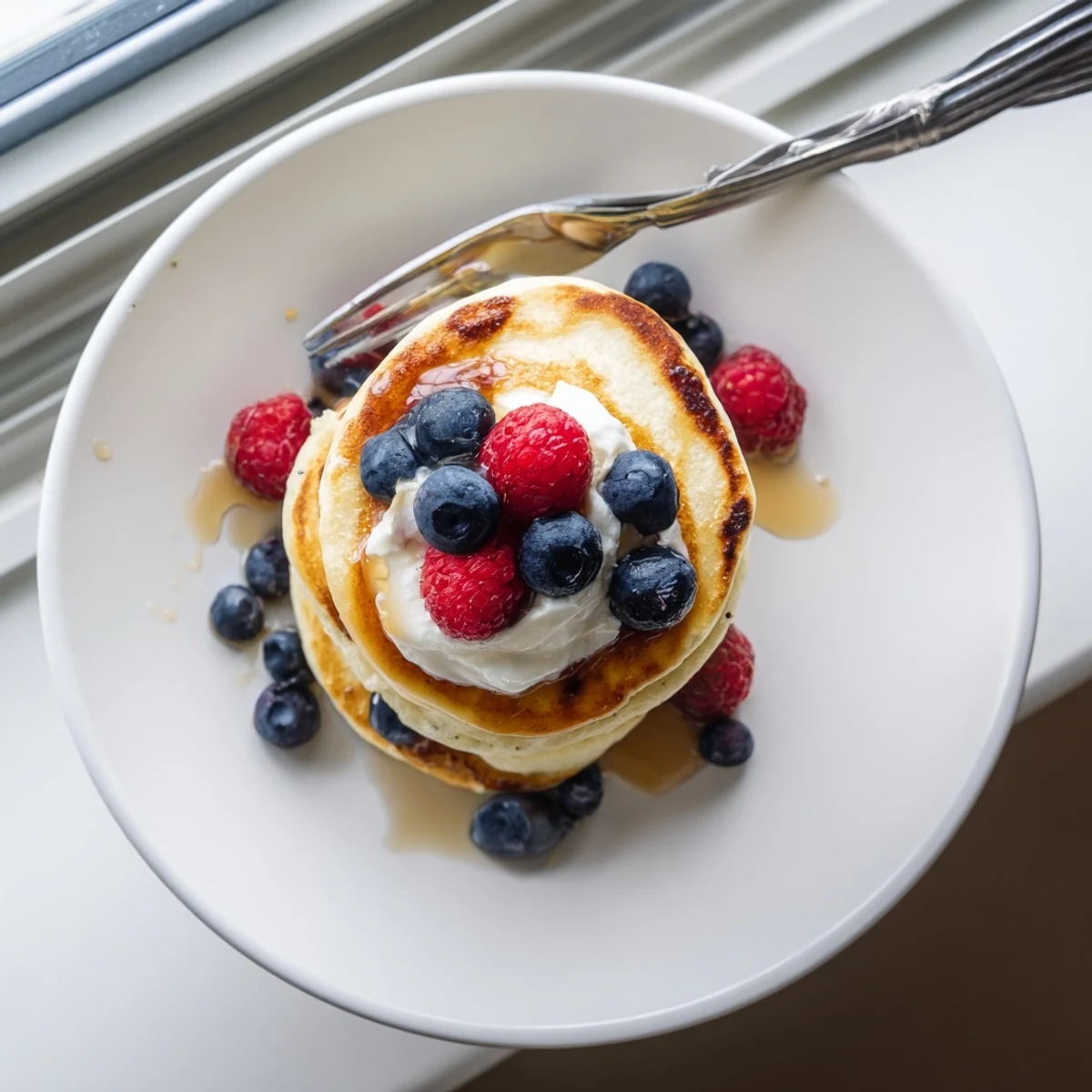 Fresh berries and a dollop of yogurt garnish these golden Cottage Cheese Pancakes, highlighting their high-protein breakfast appeal.