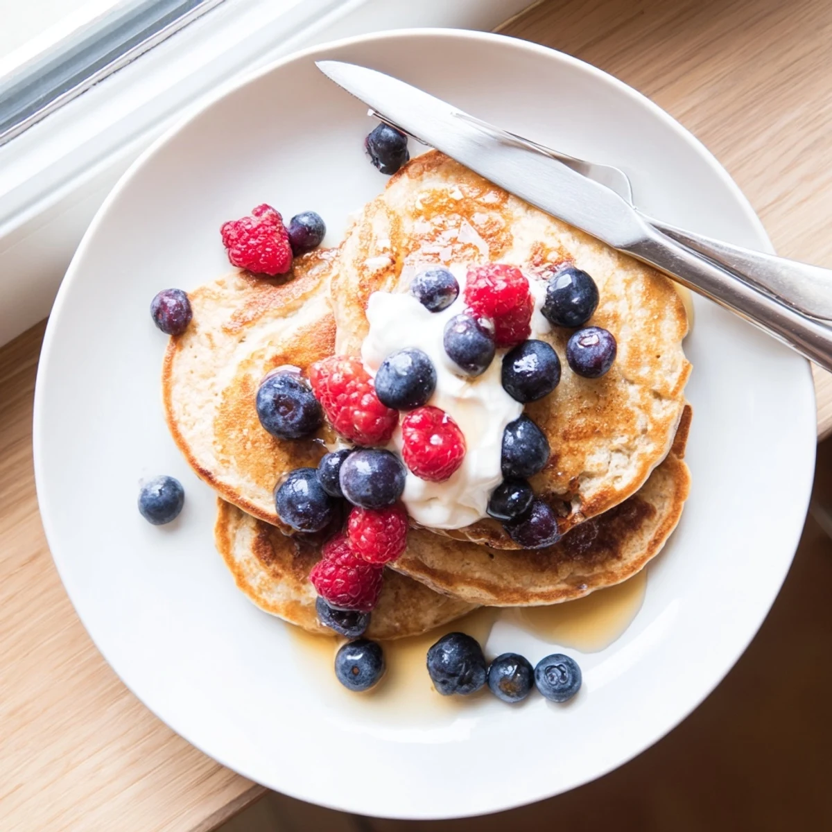 A fork lifts a fluffy, golden Cottage Cheese Pancake from a warm stack, revealing the moist, cake-like interior.