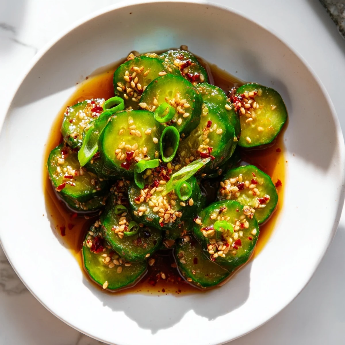 Vibrant slices of cucumbers and minced garlic are tossed in a jar with a savory soy-sesame dressing in this Shake Shake Garlic Cucumbers recipe.  