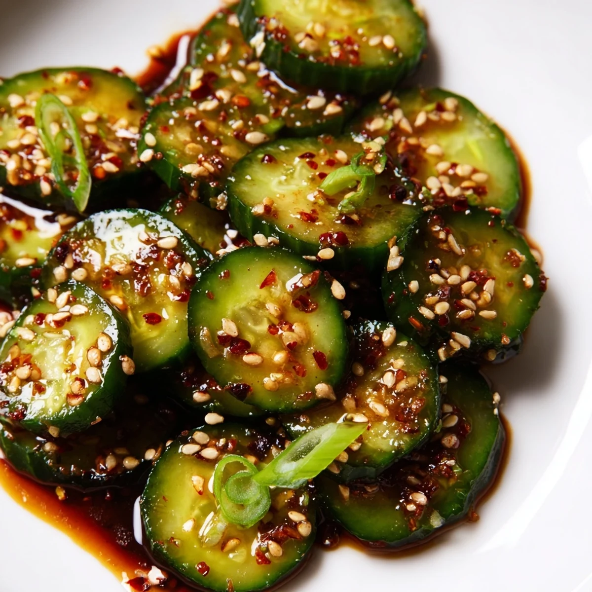 A close-up of the refreshing Shake Shake Garlic Cucumbers salad, glistening with sesame oil and a touch of red chili flakes.