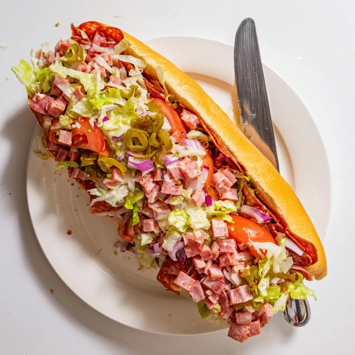 A close-up of a toasted Italian Grinder Sandwich brimming with chopped salami, pepperoni, provolone, and crisp lettuce, glistening with Italian dressing.  