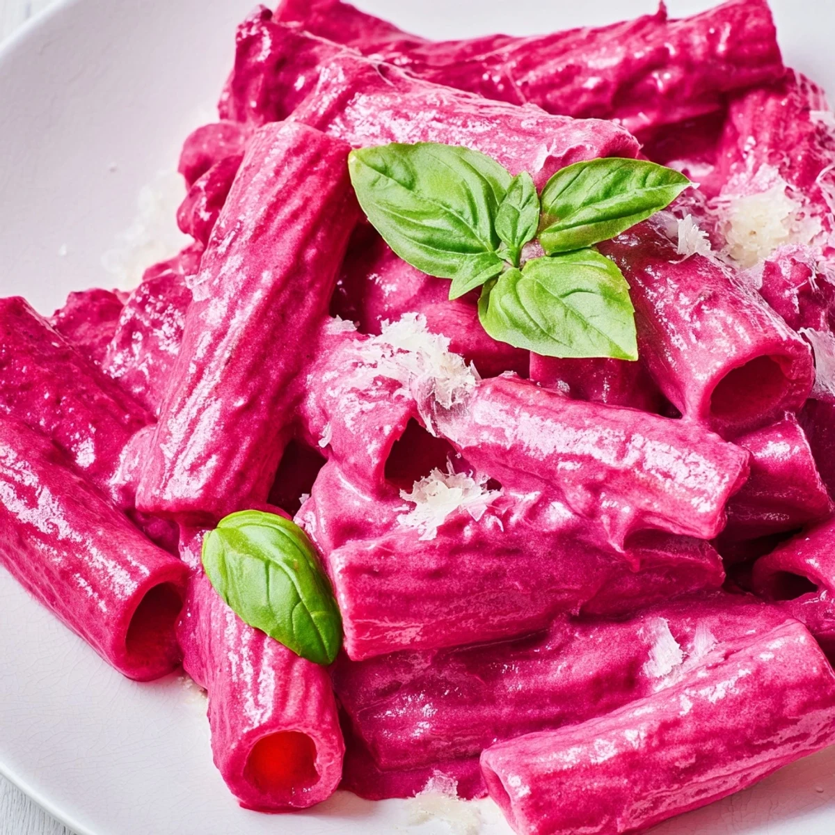 Silky pink pasta with beet cream sauce garnished with fresh basil and grated Parmesan.