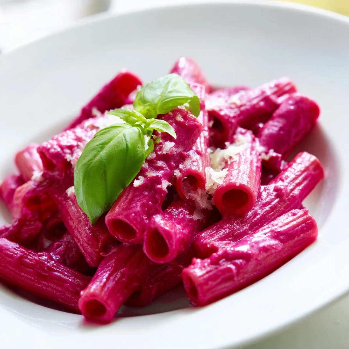 A vibrant bowl of pink pasta with beet cream sauce, topped with extra cheese.