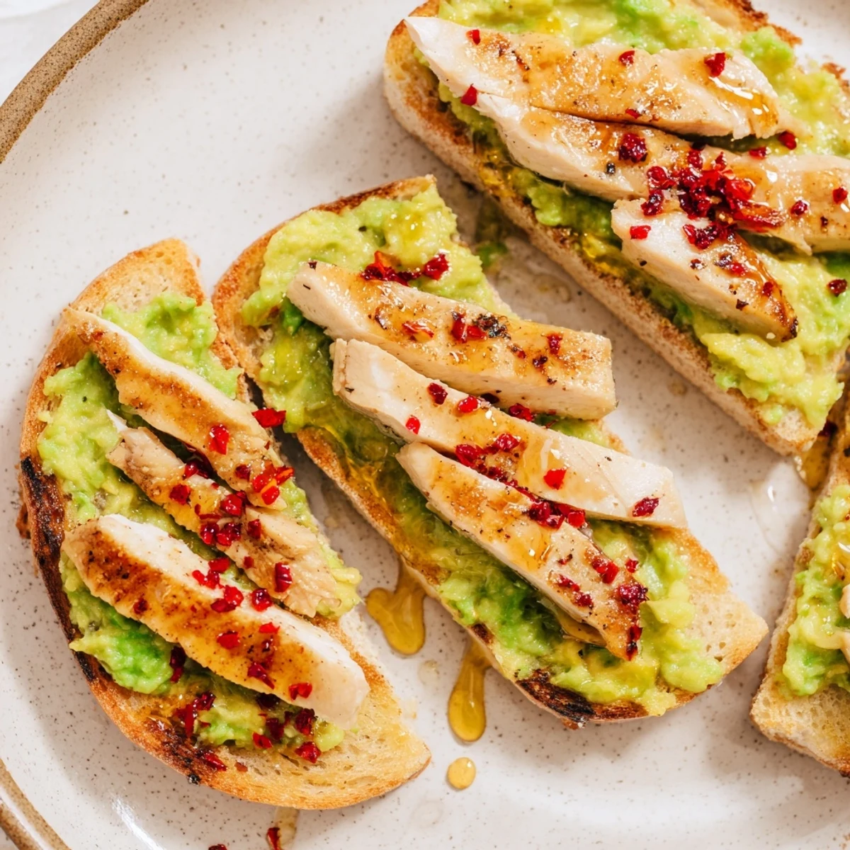 Crunchy multigrain toast topped with savory grilled chicken and bright lemon-avocado mash, finished with a spicy-sweet drizzle.