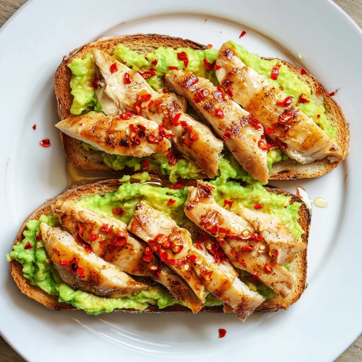 Golden grilled chicken slices layered over creamy smashed avocado on toasted sourdough, finished with chili flakes and honey.