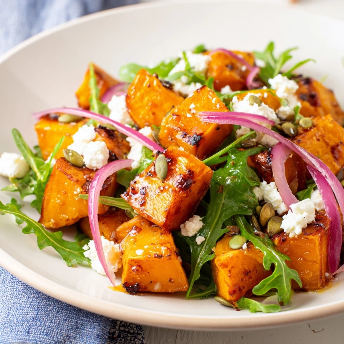 Golden roasted sweet potato salad bowl featuring tender sweet potatoes, fresh arugula, and creamy feta, drizzled with tangy honey-lime dressing on a plate.