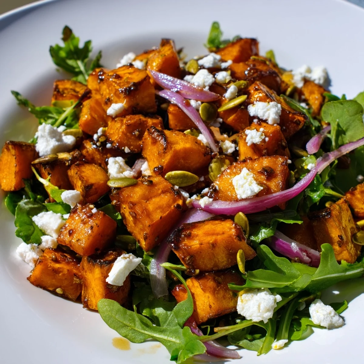 Vibrant roasted sweet potato salad with caramelized cubes, peppery arugula, crumbled feta, and a honey-lime dressing served as a colorful side.